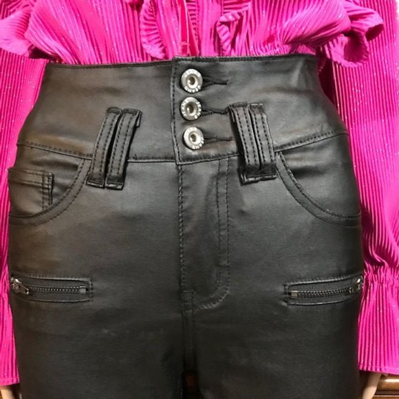 Faux Leather High Waist Stretch Cotton Double Loop Jean - Picture 5 of 9